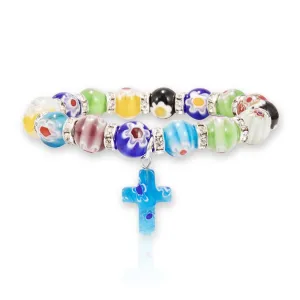 Colorful Agate Stone Beads Bracelet Rosary Hanging Cross