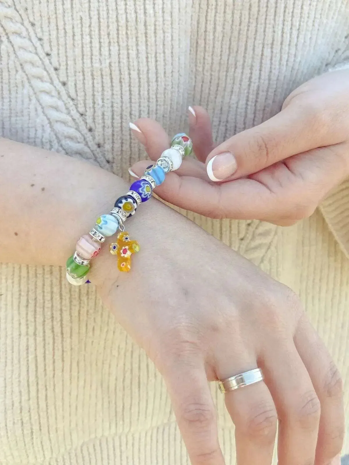 Colorful Agate Stone Beads Bracelet Rosary Hanging Cross