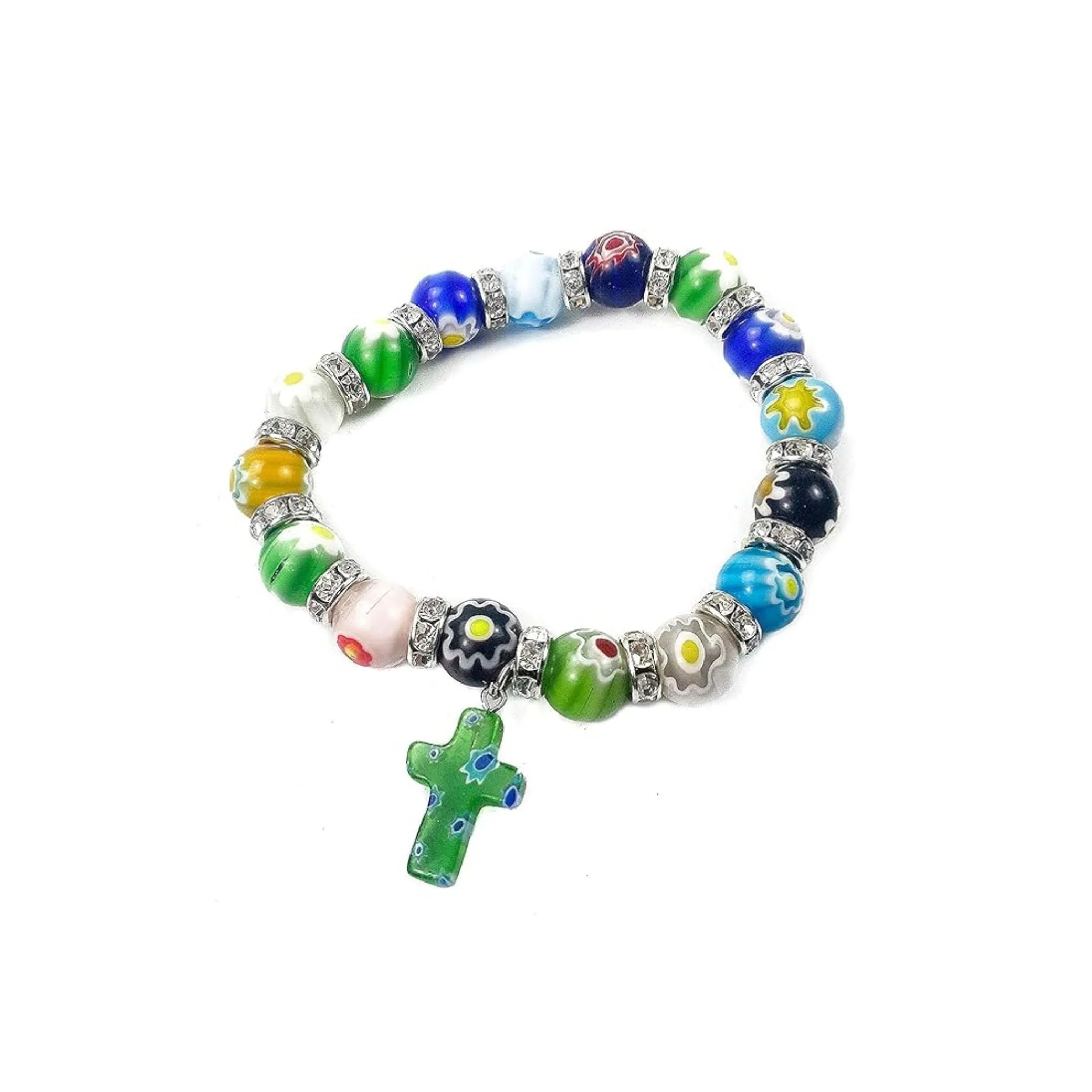 Colorful Agate Stone Beads Bracelet Rosary Hanging Cross