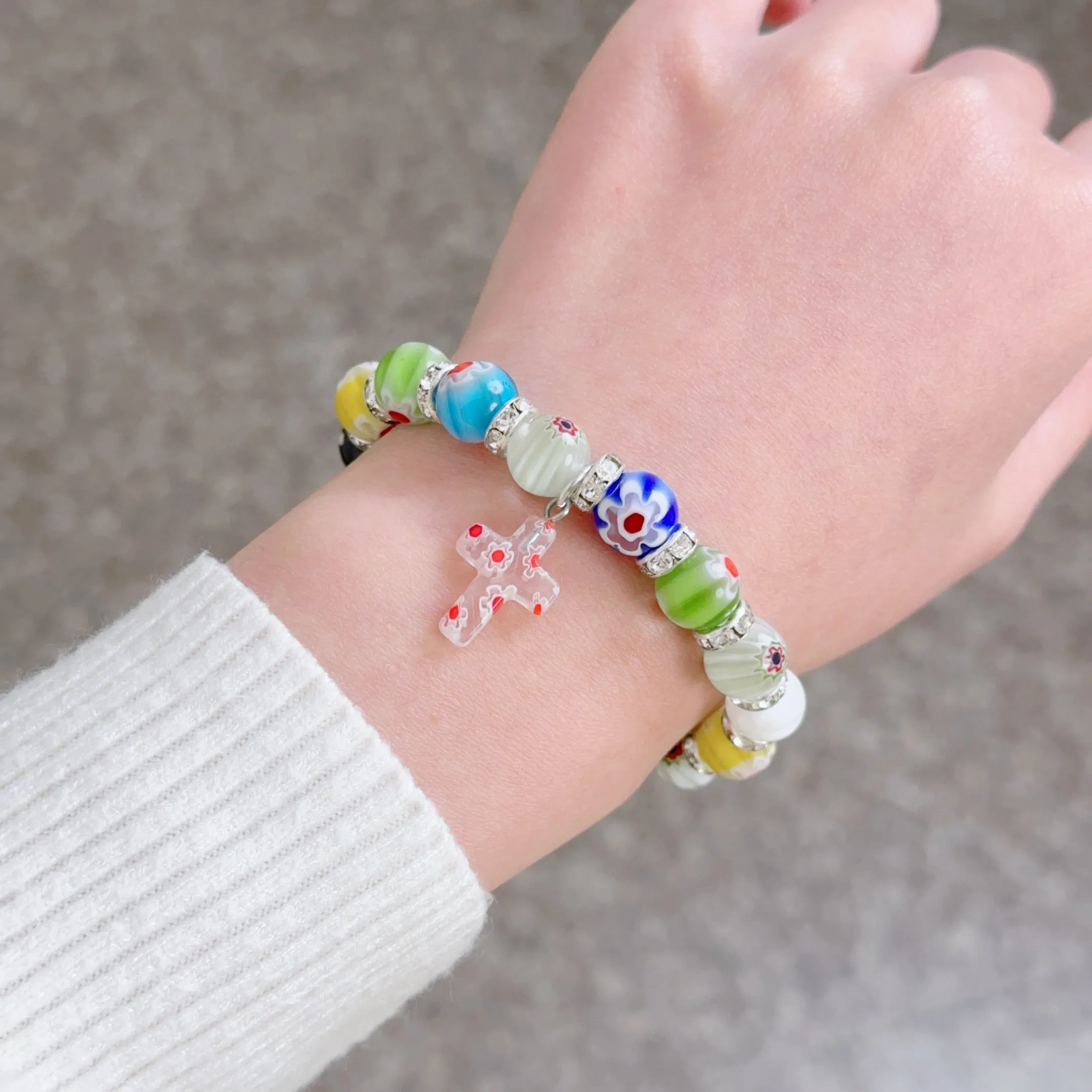Colorful Agate Stone Beads Bracelet Rosary Hanging Cross