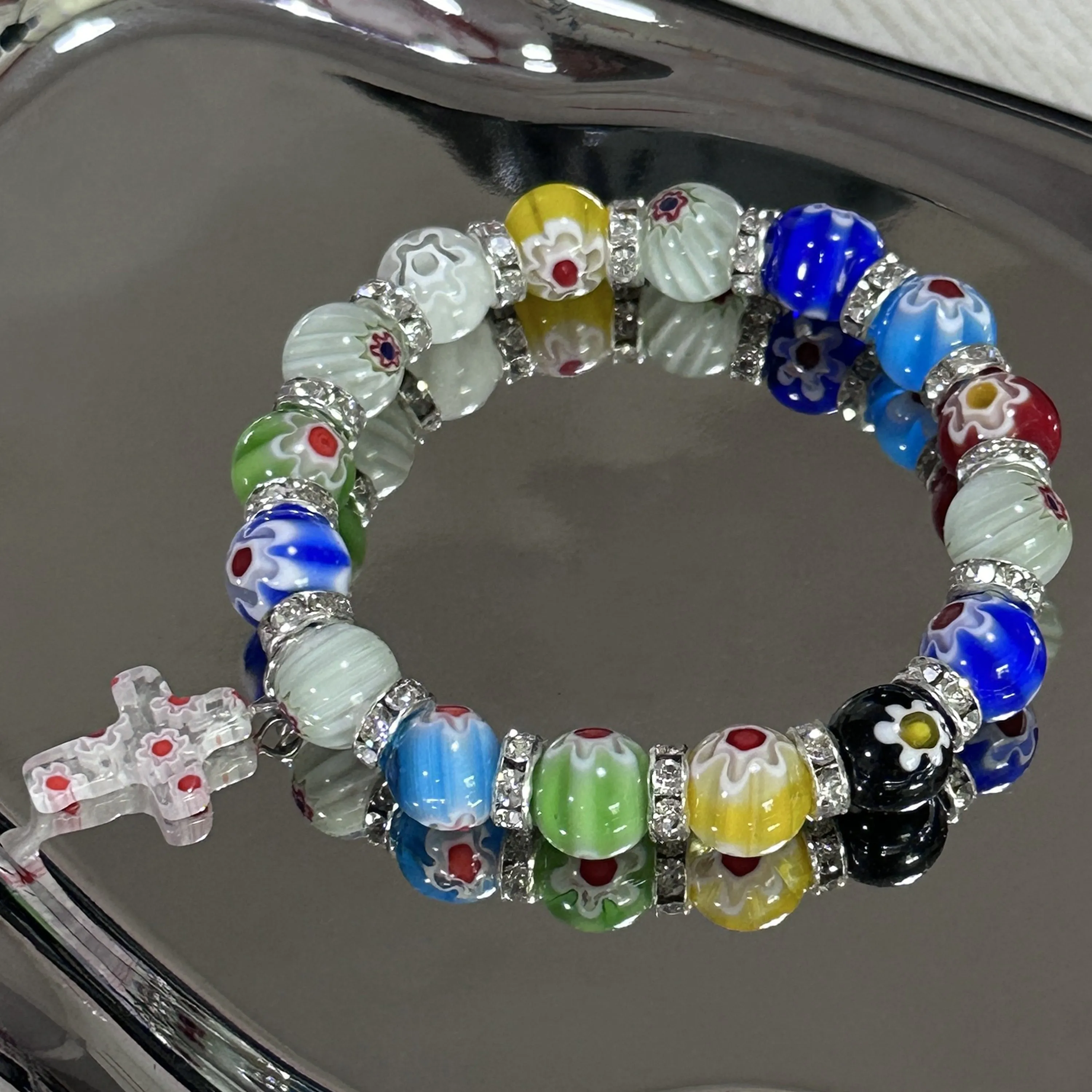 Colorful Agate Stone Beads Bracelet Rosary Hanging Cross