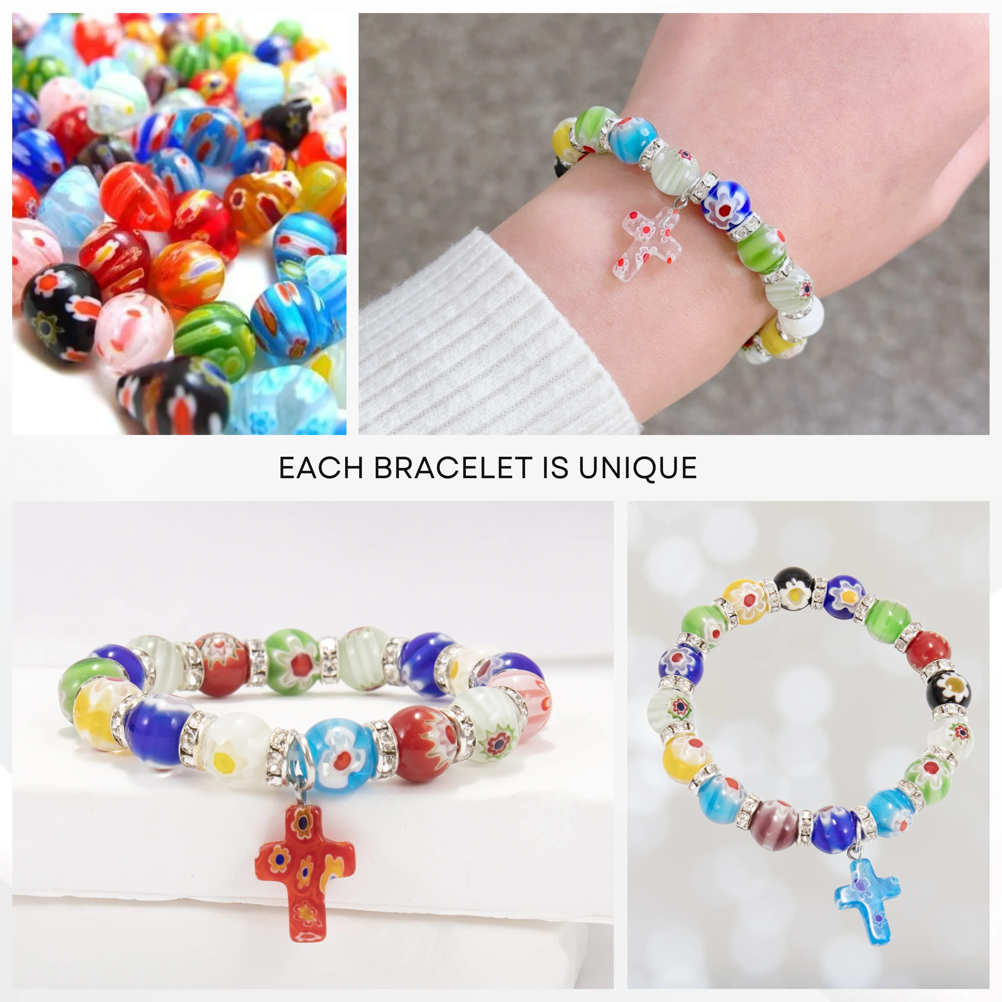 Colorful Agate Stone Beads Bracelet Rosary Hanging Cross