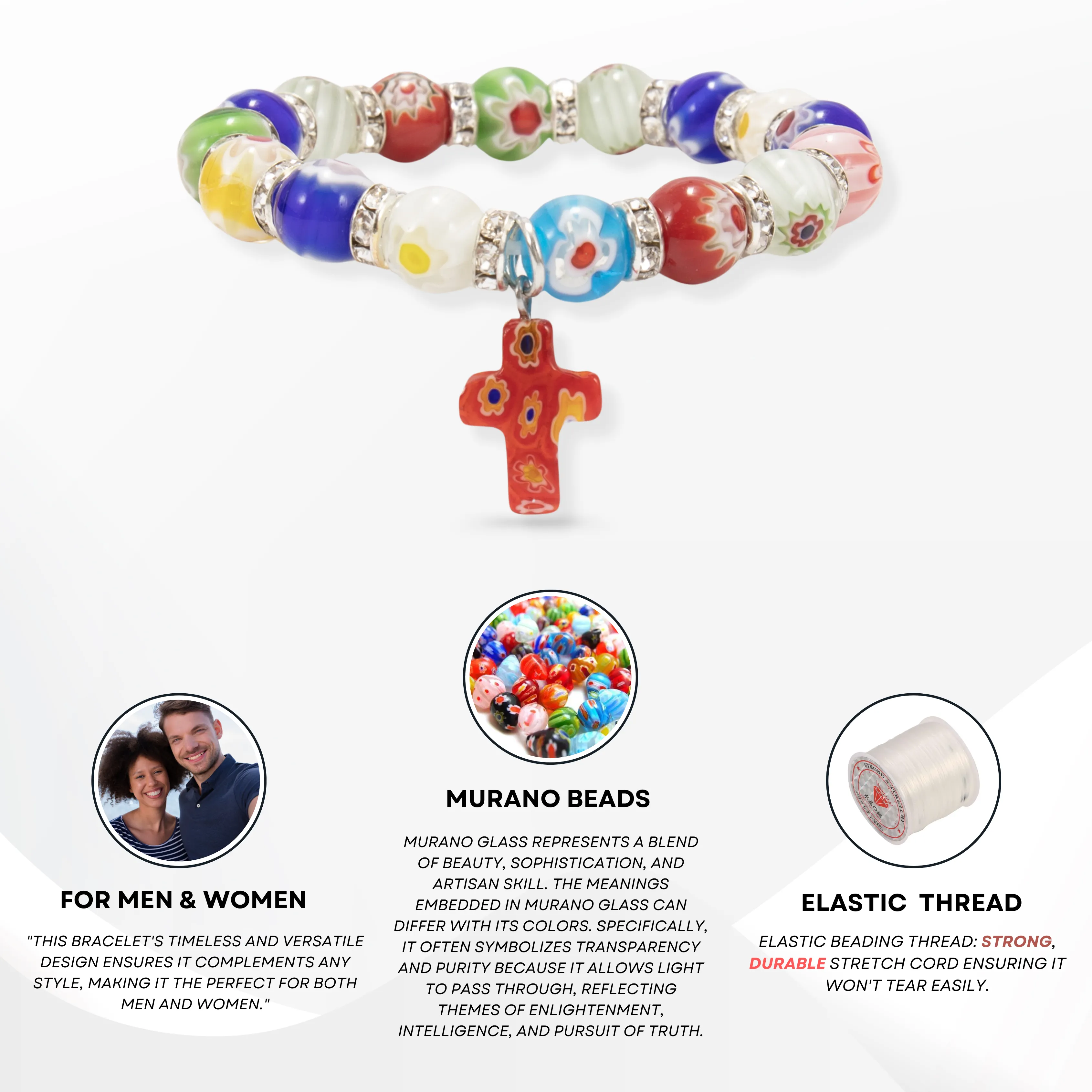 Colorful Agate Stone Beads Bracelet Rosary Hanging Cross
