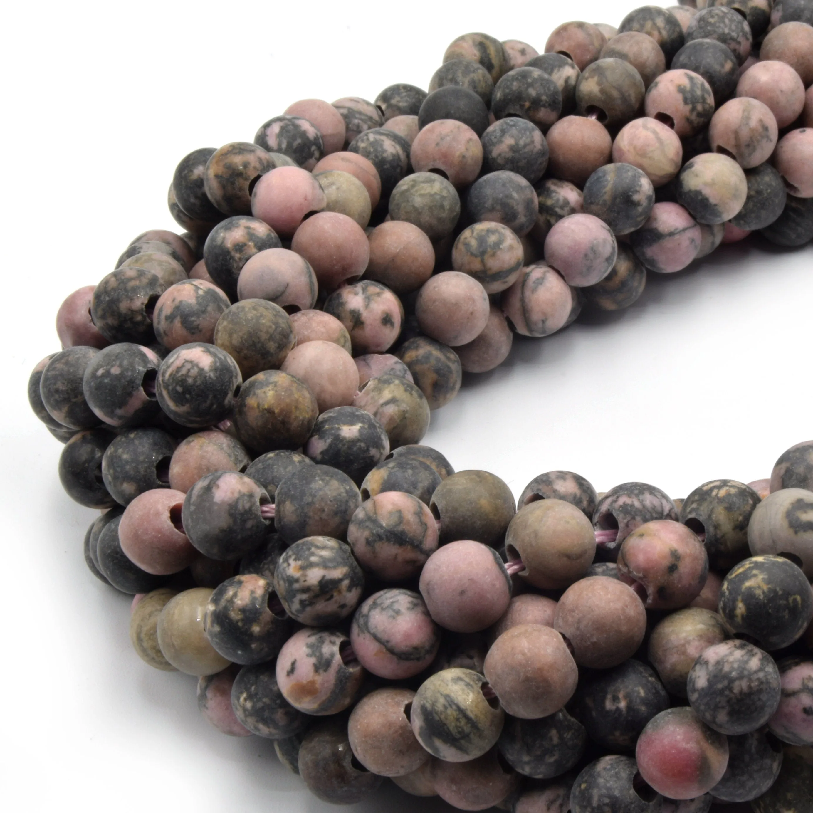 Dendritic Rhodonite Large Hole Beads | Matte Round Shaped Beads with 2mm Holes | 7.5" Strand | 8mm, 10mm Available