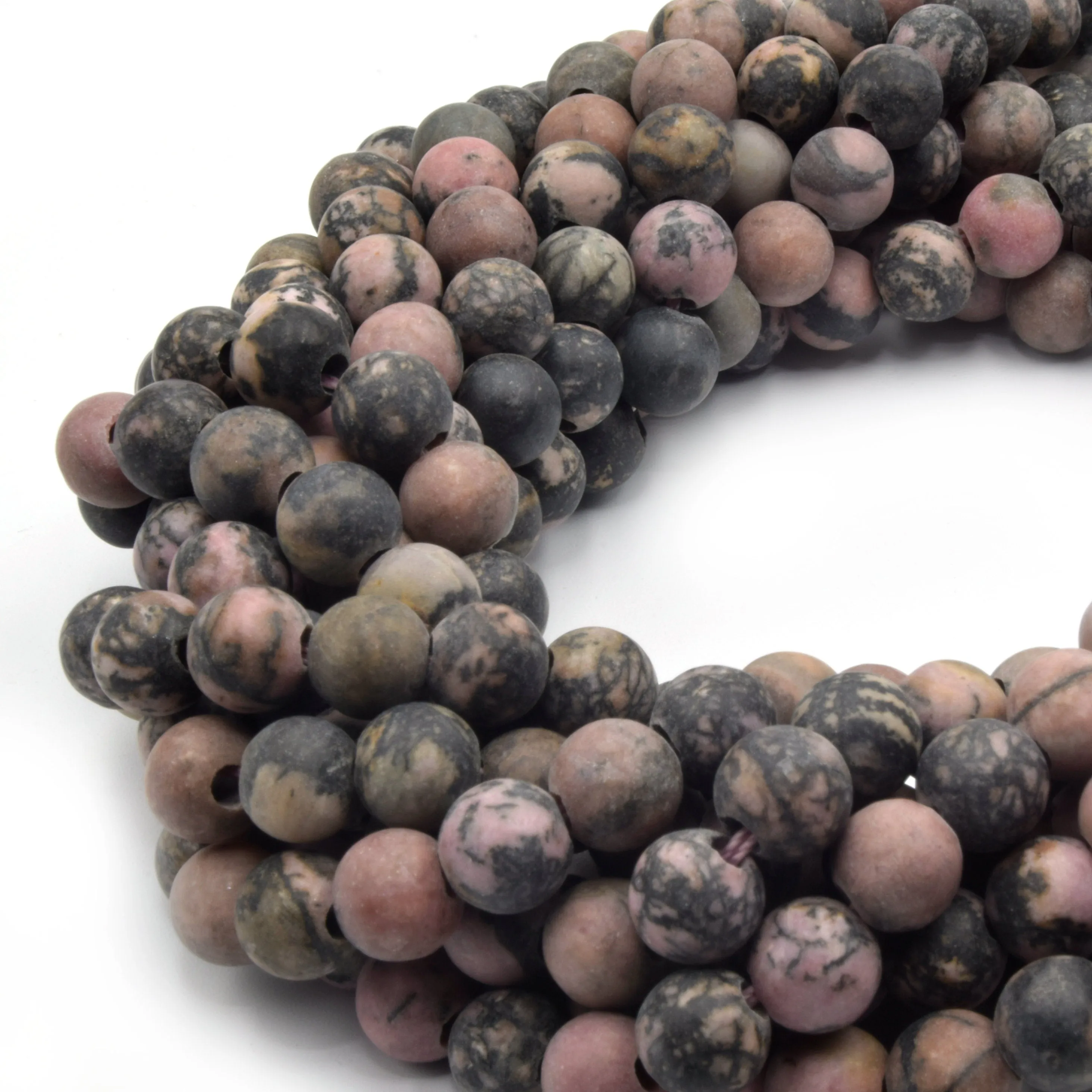Dendritic Rhodonite Large Hole Beads | Matte Round Shaped Beads with 2mm Holes | 7.5" Strand | 8mm, 10mm Available
