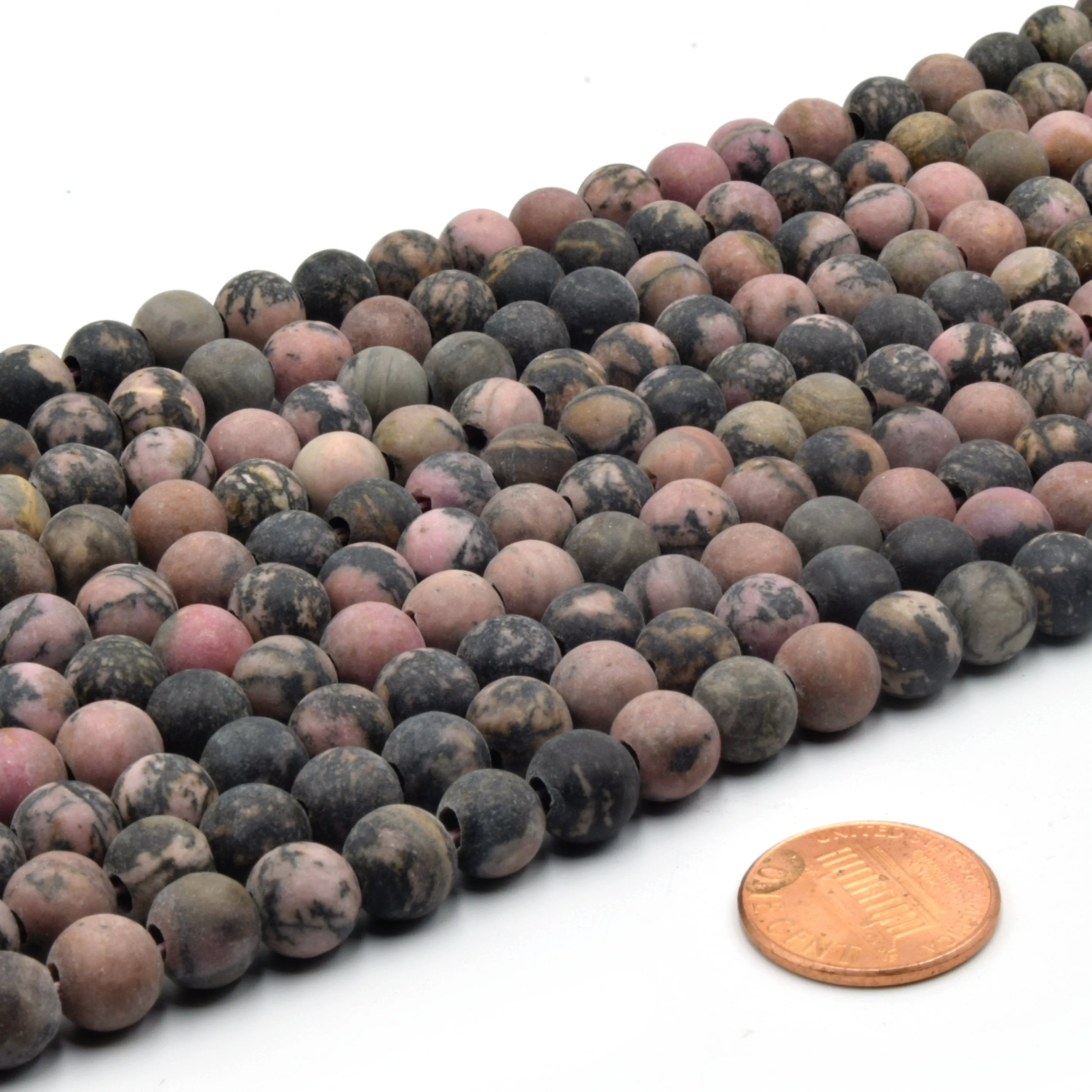 Dendritic Rhodonite Large Hole Beads | Matte Round Shaped Beads with 2mm Holes | 7.5" Strand | 8mm, 10mm Available