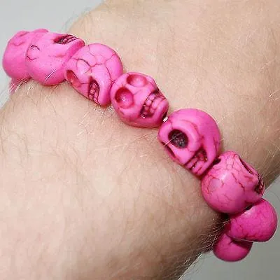 Elastic Pink Skull Charm Bead Bracelet Wristband Bangle Ladies Womens Girls Kids
