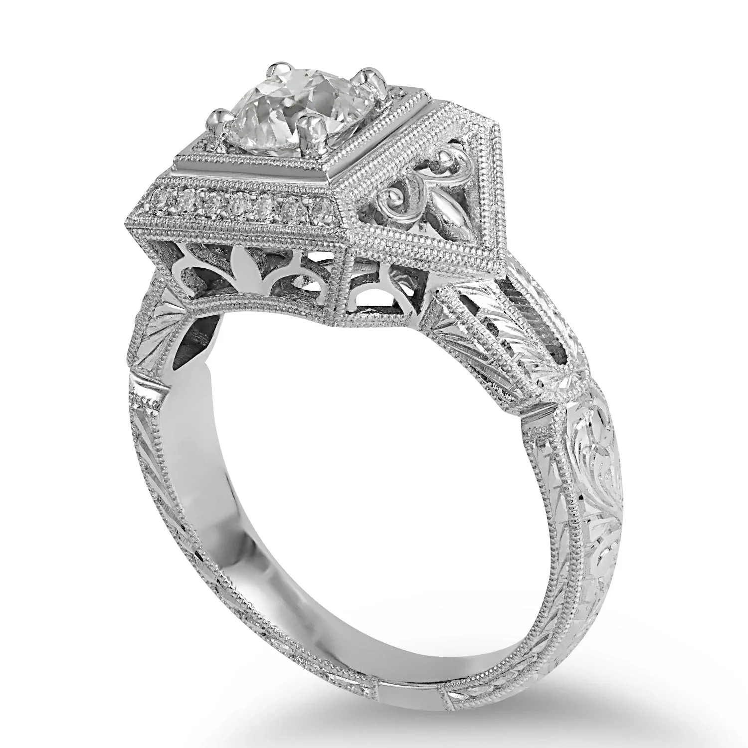 Engraved Gold Old European White Diamond Ring
