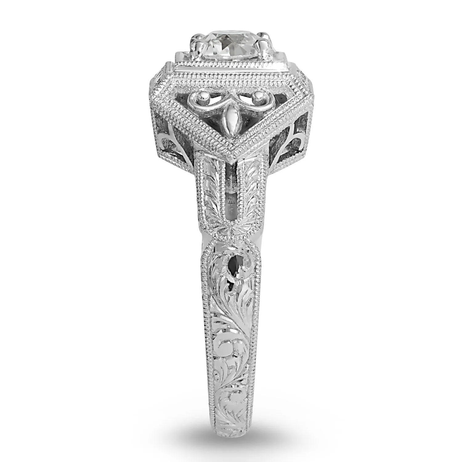 Engraved Gold Old European White Diamond Ring