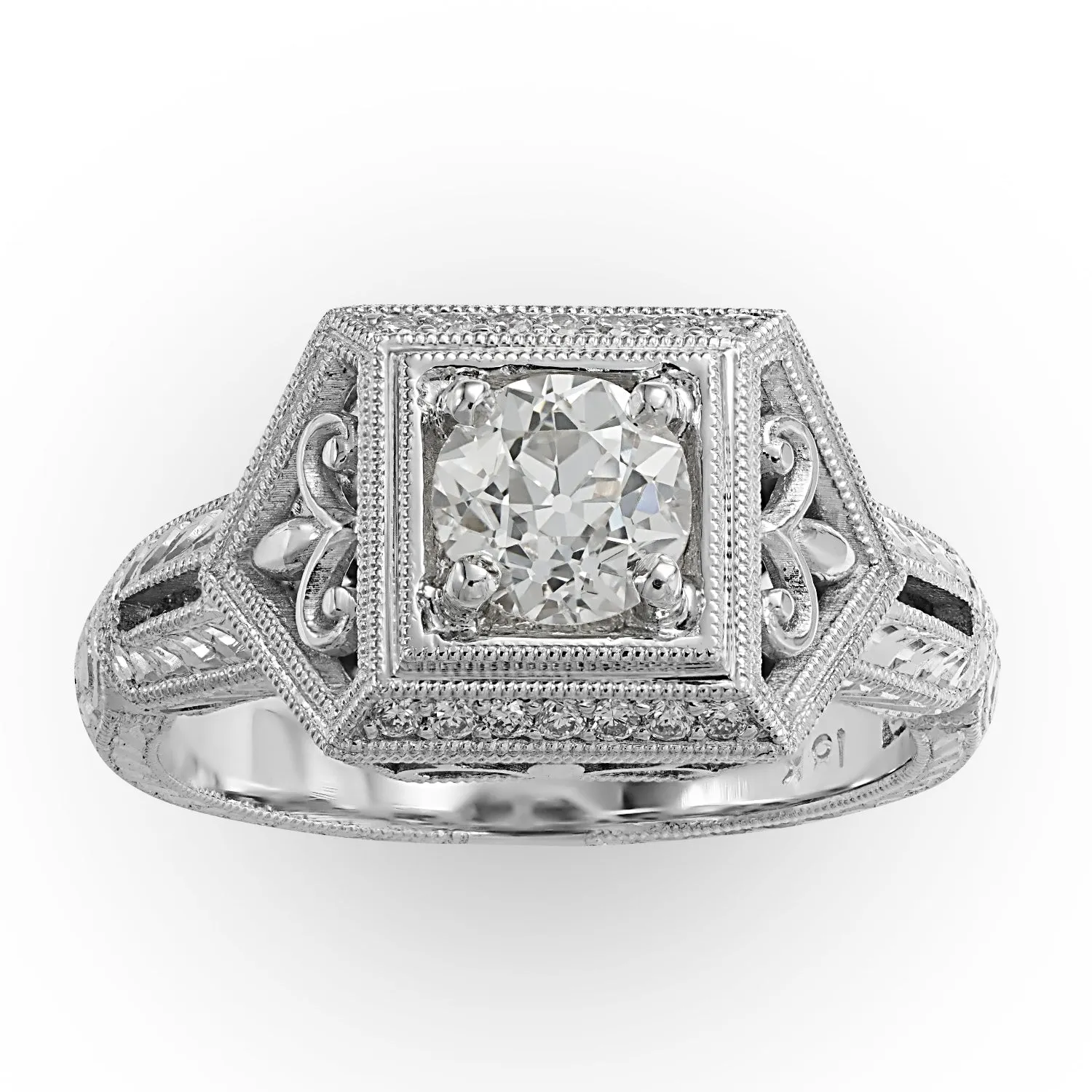 Engraved Gold Old European White Diamond Ring