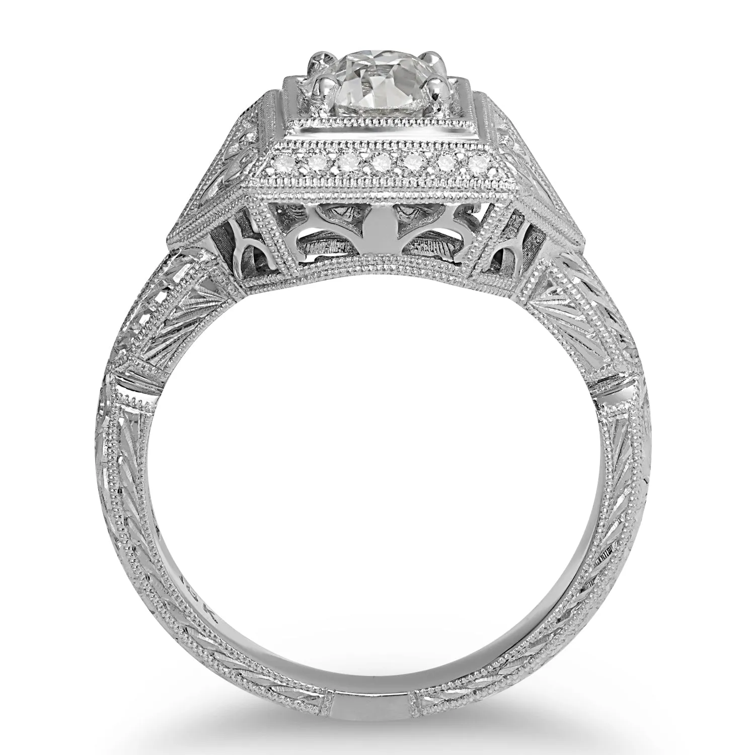 Engraved Gold Old European White Diamond Ring