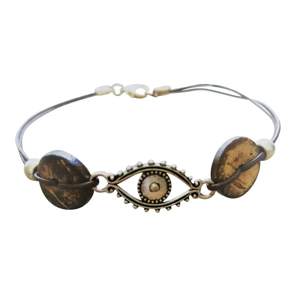 Evil Eye Men Anklet, Men's Natural Leather Ankle Bracelet with Wooden Beads