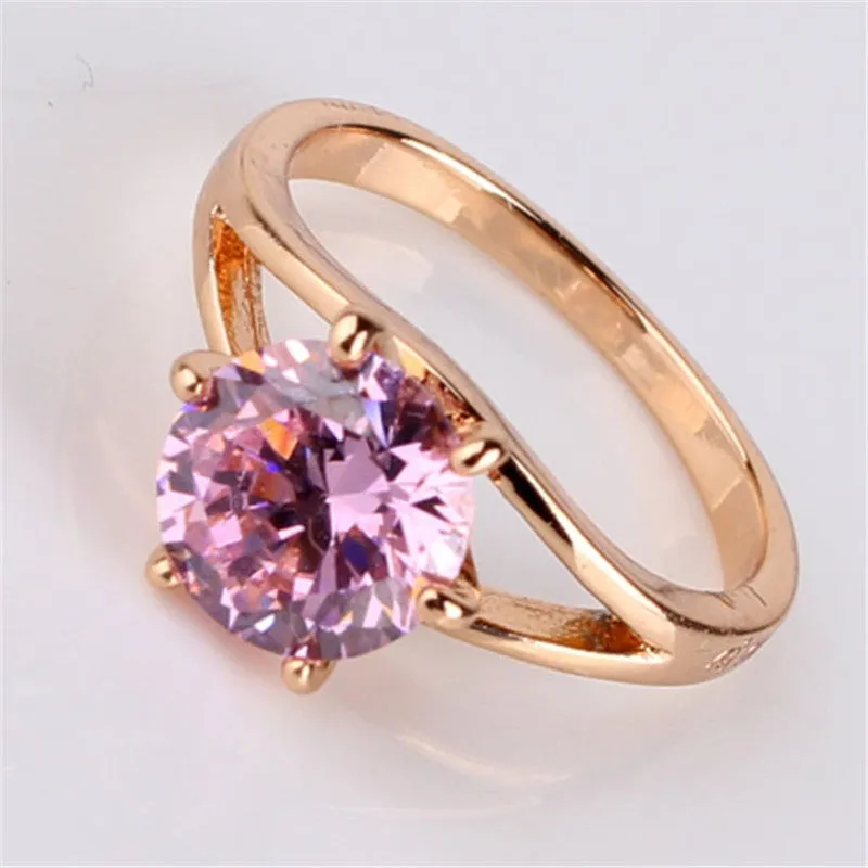 Fashion Brand Wedding Ring 18k Gold Plated Finger Ring Simple Big Pink Crystal Cubic Zirconia Band Jewelry for Women