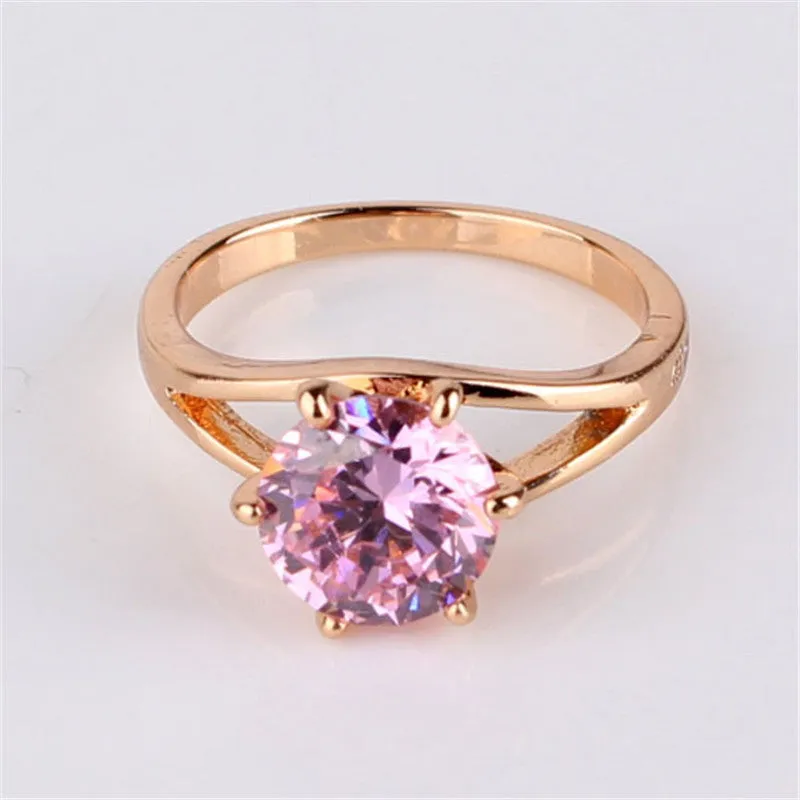 Fashion Brand Wedding Ring 18k Gold Plated Finger Ring Simple Big Pink Crystal Cubic Zirconia Band Jewelry for Women