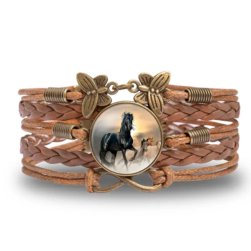 Friesian Horse Sunset Herd Braided Leather Bracelet