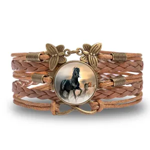 Friesian Horse Sunset Herd Braided Leather Bracelet