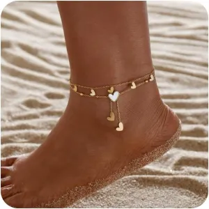 Gold Ankle Bracelets for Women 14k Gold Plated Titanium Steel Waterproof Layered Cuban Link Beaded Heart Star Butterfly Anklets Set Summer Beach Foot Jewelry Anklets for Jewelry Gift
