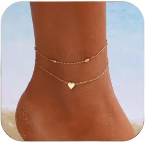 Gold Heart Ankletc for Women Heart Cuban Link Anklets Silver Layered Beads Beach Anklets Waterproof Jewelry