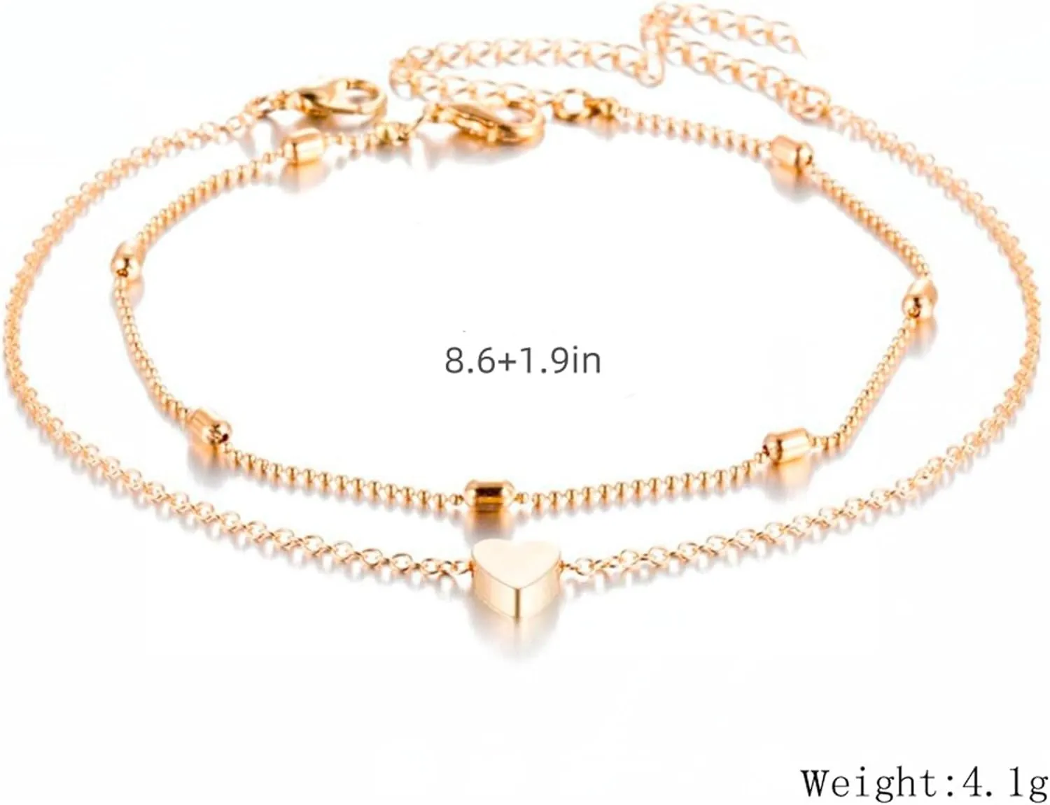 Gold Heart Ankletc for Women Heart Cuban Link Anklets Silver Layered Beads Beach Anklets Waterproof Jewelry