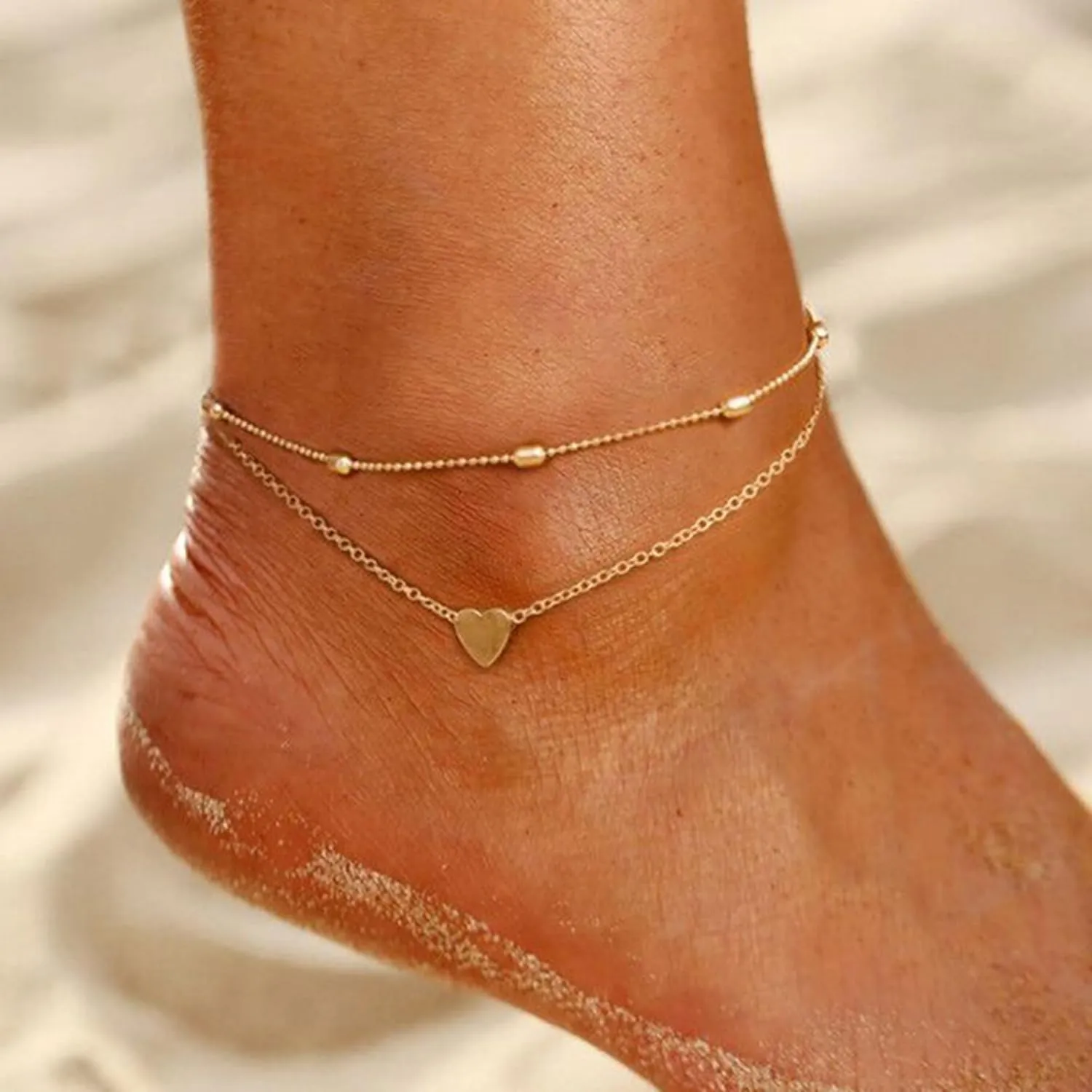 Gold Heart Ankletc for Women Heart Cuban Link Anklets Silver Layered Beads Beach Anklets Waterproof Jewelry