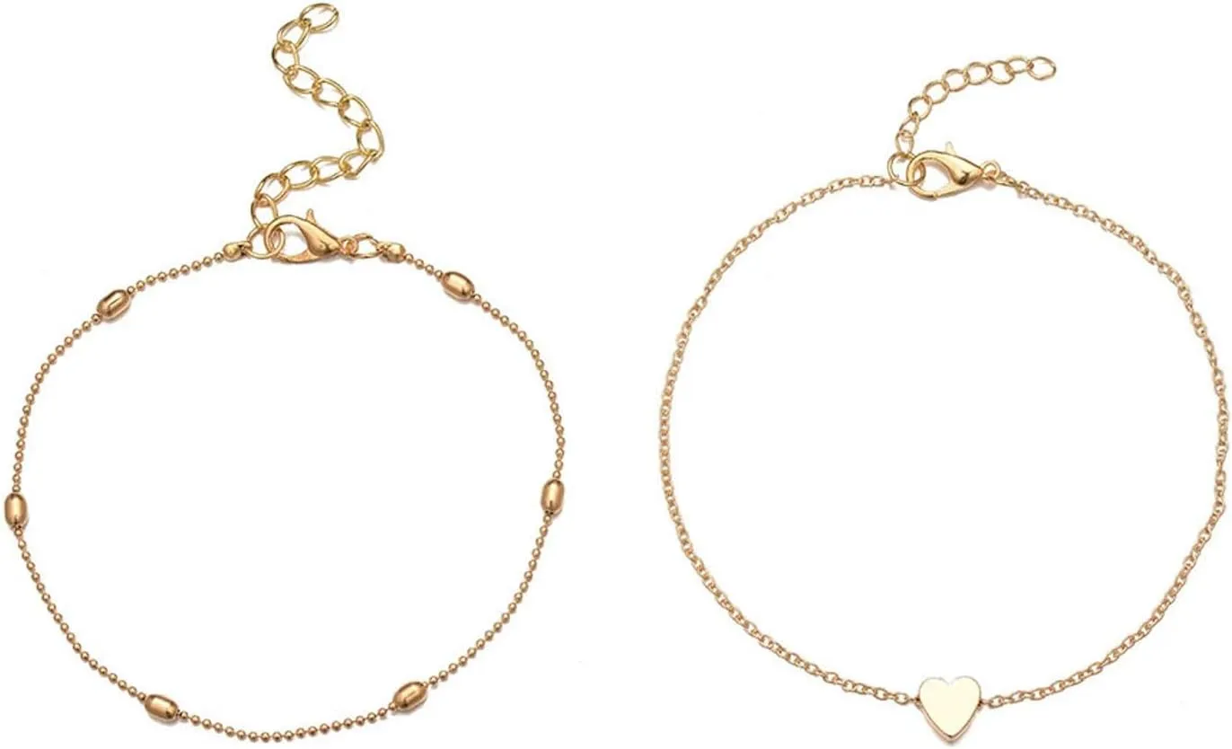 Gold Heart Ankletc for Women Heart Cuban Link Anklets Silver Layered Beads Beach Anklets Waterproof Jewelry