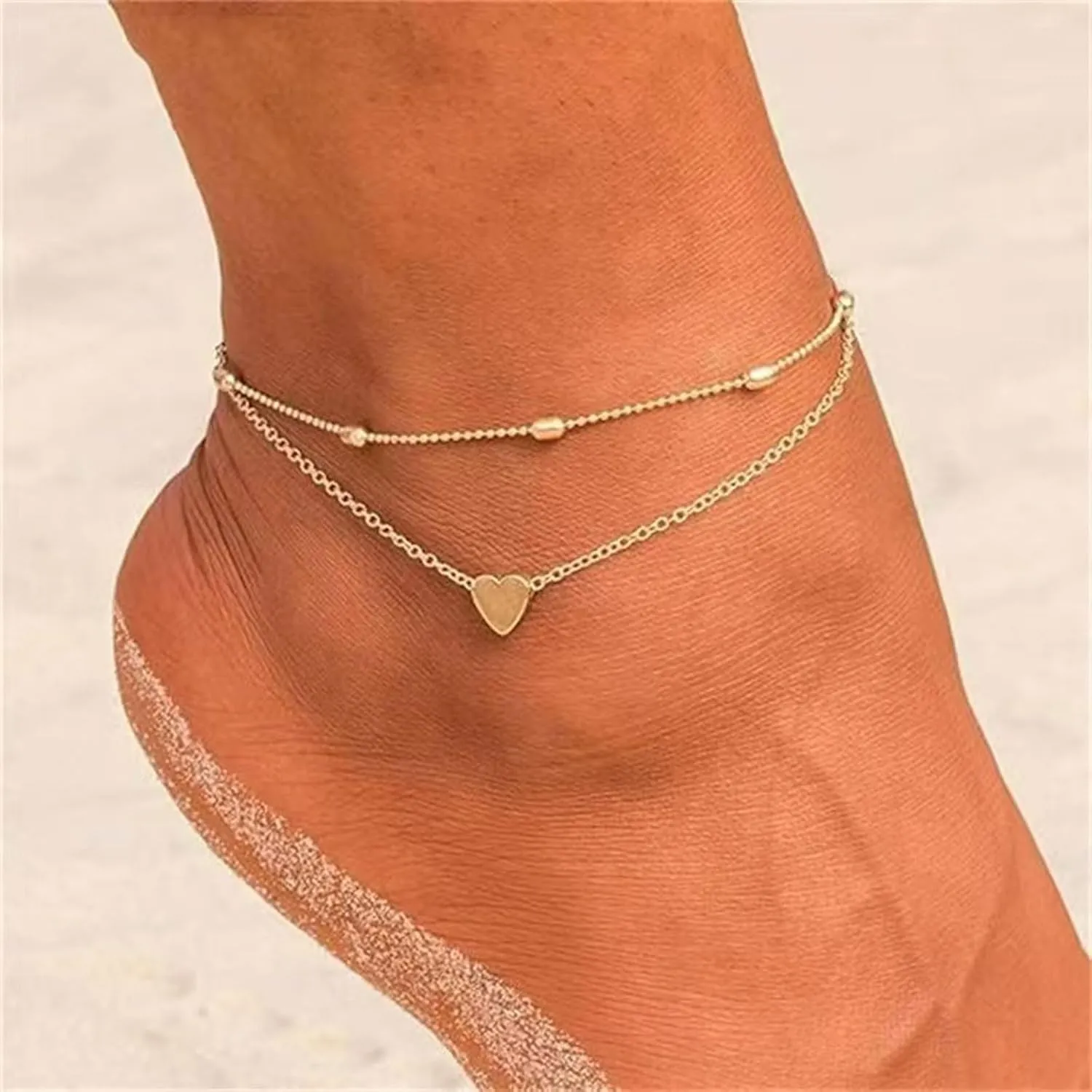Gold Heart Ankletc for Women Heart Cuban Link Anklets Silver Layered Beads Beach Anklets Waterproof Jewelry