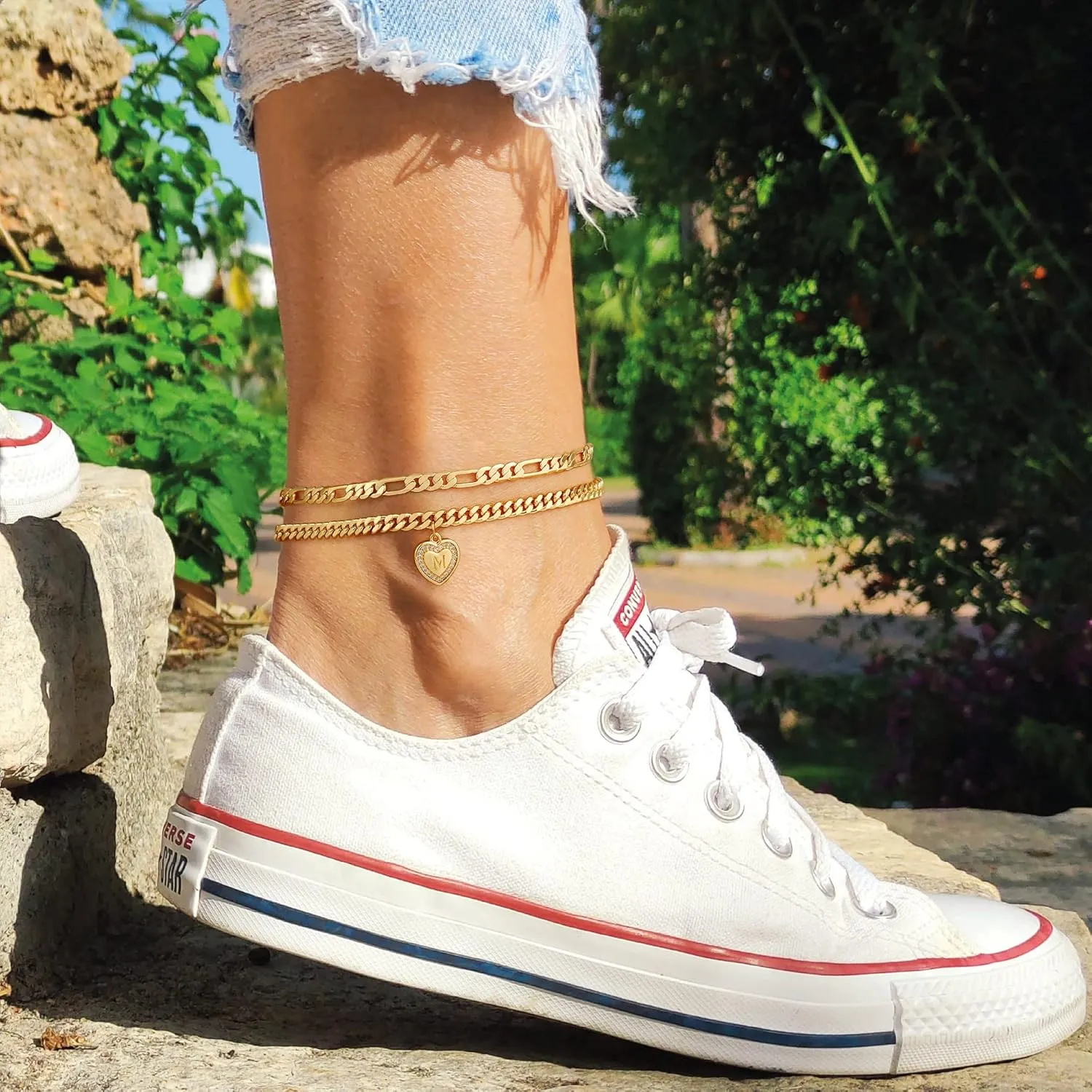 Gold Initial Ankle Bracelets for Women 14K Gold Plated Heart Initial Charm Gold Anklets for Women Cuban Figaro Bead Link Chain Initial Anklet Bracelets for Women Figaro Chain Anklet Jewelry Gifts
