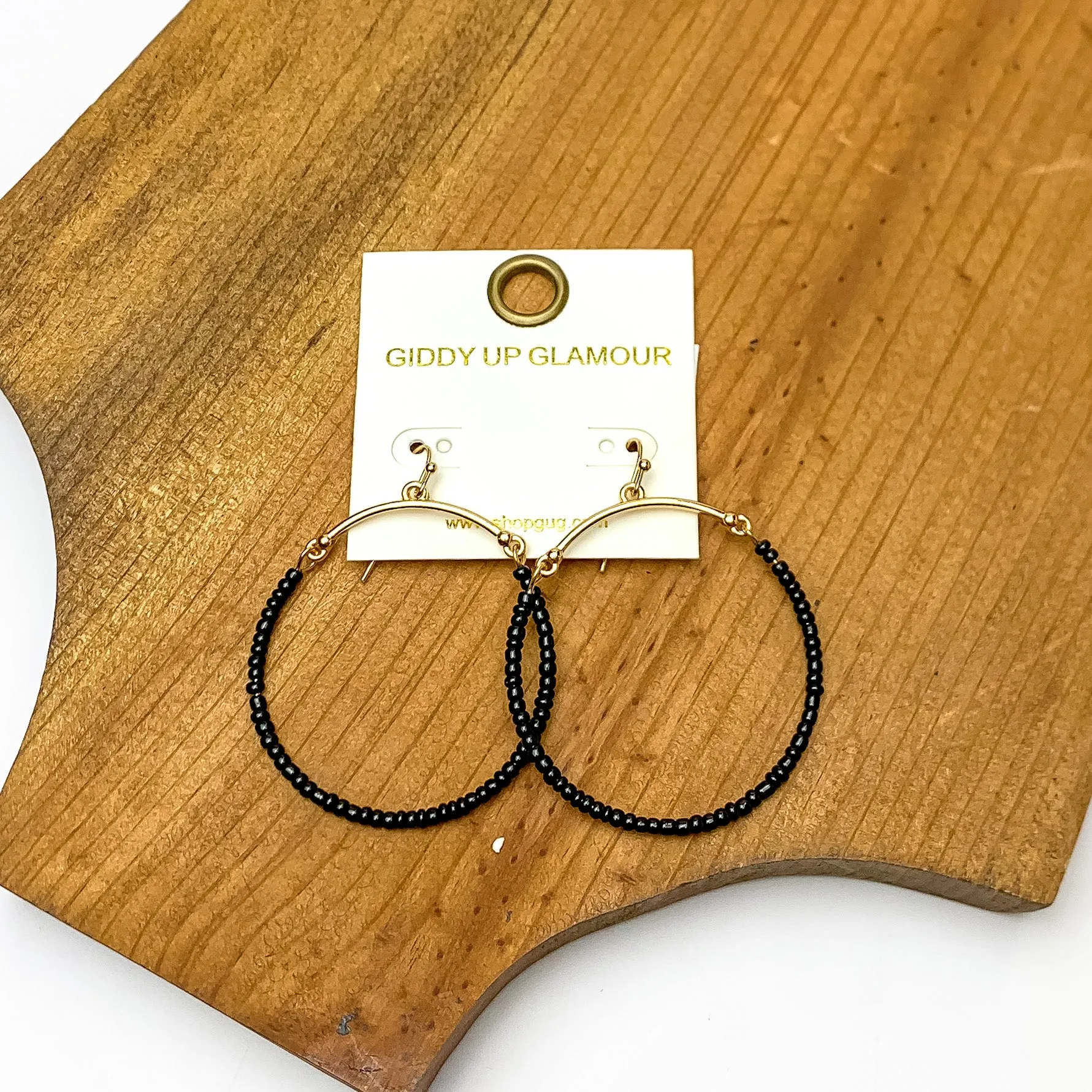 Gold Tone Hoop Earrings Beaded in Black