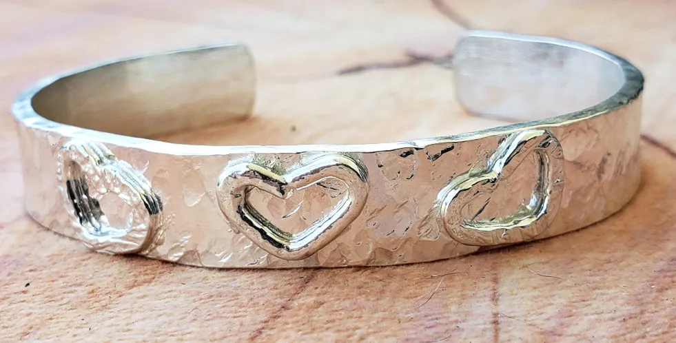Handmade Sterling Silver 925 Cuff Bracelet with Hammered Texture & Forged Hearts