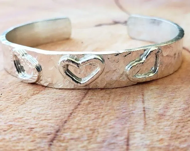 Handmade Sterling Silver 925 Cuff Bracelet with Hammered Texture & Forged Hearts