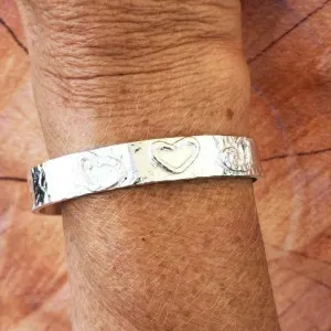 Handmade Sterling Silver 925 Cuff Bracelet with Hammered Texture & Forged Hearts