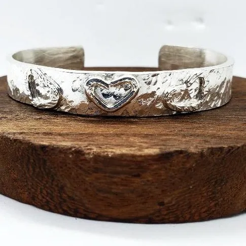 Handmade Sterling Silver 925 Cuff Bracelet with Hammered Texture & Forged Hearts