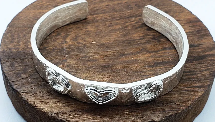 Handmade Sterling Silver 925 Cuff Bracelet with Hammered Texture & Forged Hearts