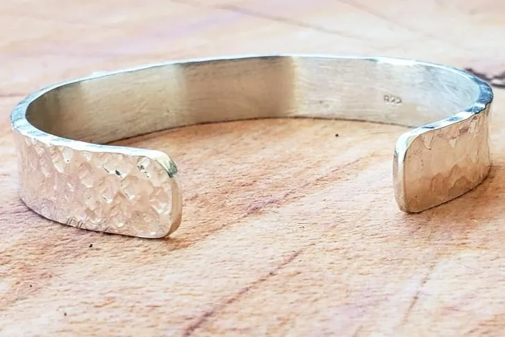 Handmade Sterling Silver 925 Cuff Bracelet with Hammered Texture & Forged Hearts