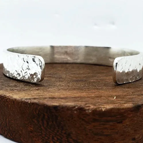 Handmade Sterling Silver 925 Cuff Bracelet with Hammered Texture & Forged Hearts