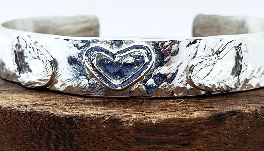Handmade Sterling Silver 925 Cuff Bracelet with Hammered Texture & Forged Hearts