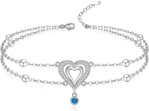 Heart Ankle Bracelets for Women Sterling Silver Heart Anklets Double Love Charm Adjustable Layered Foot Pendant Chain Beaded Jewelry Beach