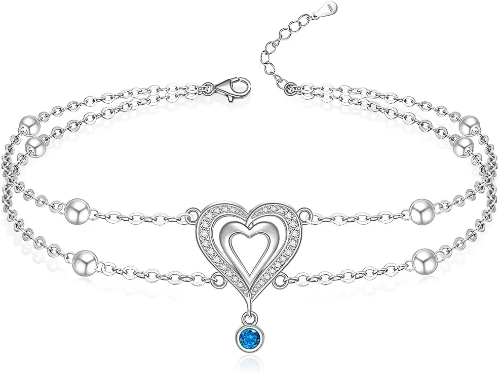 Heart Ankle Bracelets for Women Sterling Silver Heart Anklets Double Love Charm Adjustable Layered Foot Pendant Chain Beaded Jewelry Beach