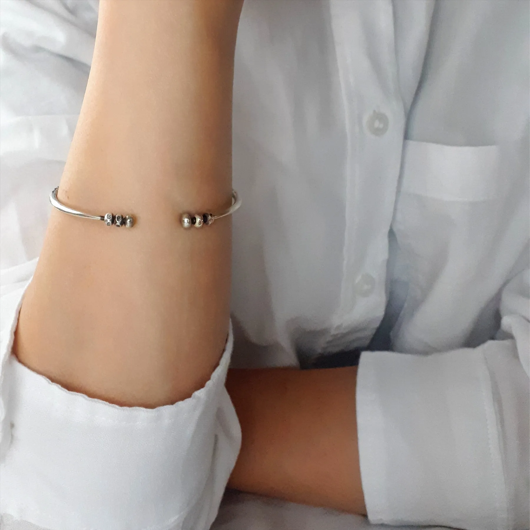 Hill Tribe Silver Tribal Motif Adjustable Torque Bangle - Fidget Bracelet
