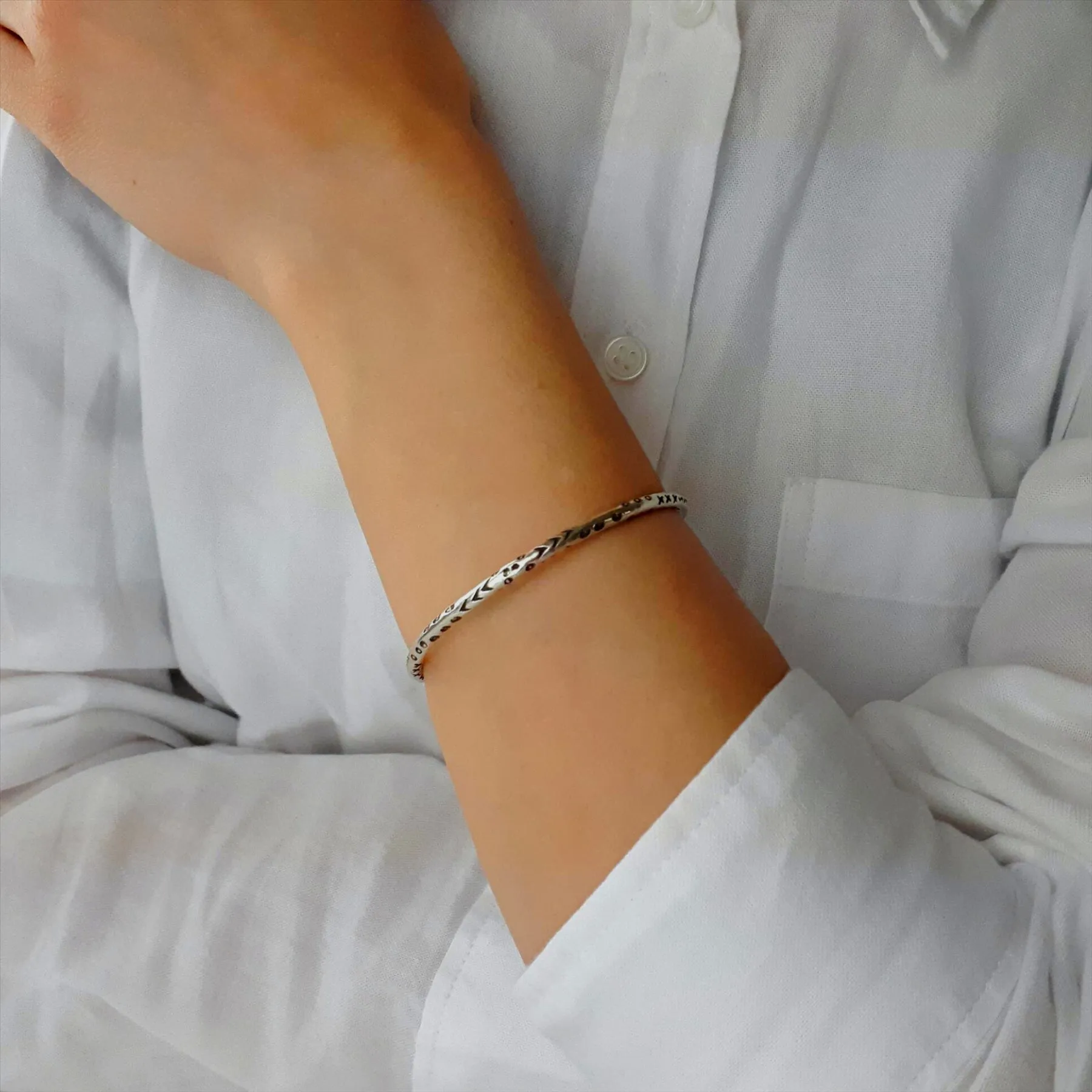 Hill Tribe Silver Tribal Motif Adjustable Torque Bangle - Fidget Bracelet