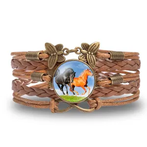 Horse Running Pair Braided Infinity Leather Bracelet