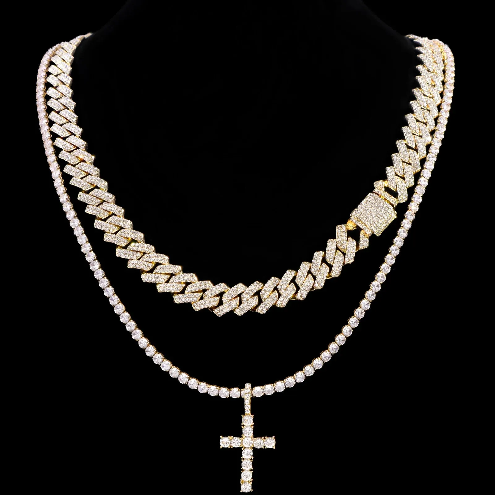 Iced Out 2-Row Cuban Link Chain Set - 14MM Prong Cross Tennis Necklaces for Men & Women, Hip Hop Couple Jewelry