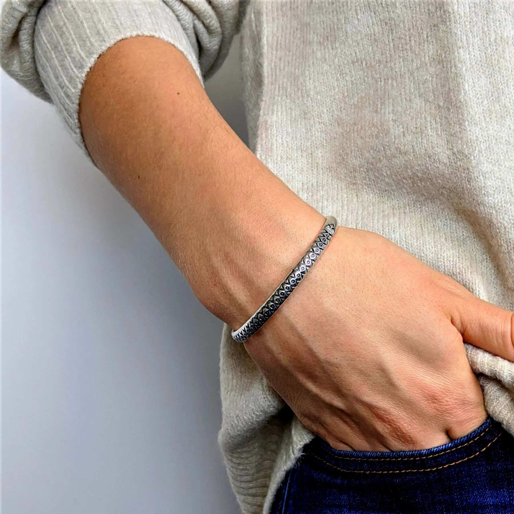 Karen Hill Tribe Silver Engraved Torque Bangle - Adjustable Boho Bracelet