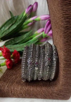 Kolhapuri oxidised bangle set of 6, German silver bangles, temple jewelry bangle set, thick bangles, Indian ethnic bangles, silver black ban