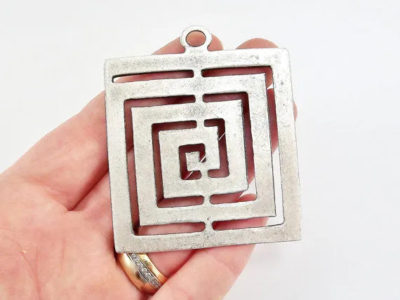 Large Fretwork Square Minimalist Geometric Pendant - Matte Antique Silver Plated - 1pc