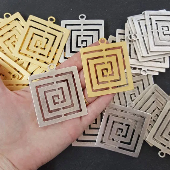Large Fretwork Square Minimalist Geometric Pendant - Matte Antique Silver Plated - 1pc