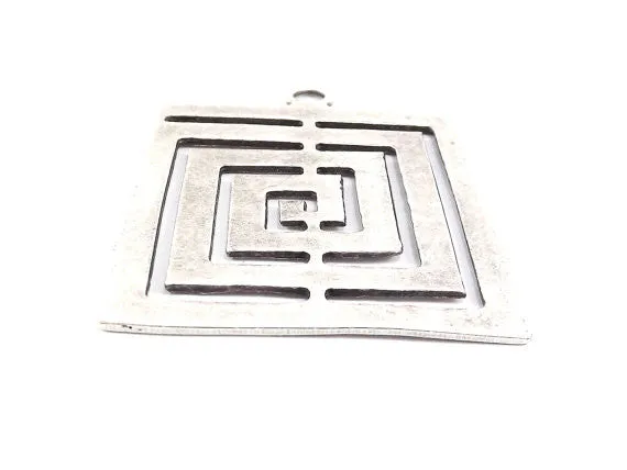 Large Fretwork Square Minimalist Geometric Pendant - Matte Antique Silver Plated - 1pc
