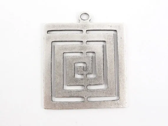Large Fretwork Square Minimalist Geometric Pendant - Matte Antique Silver Plated - 1pc