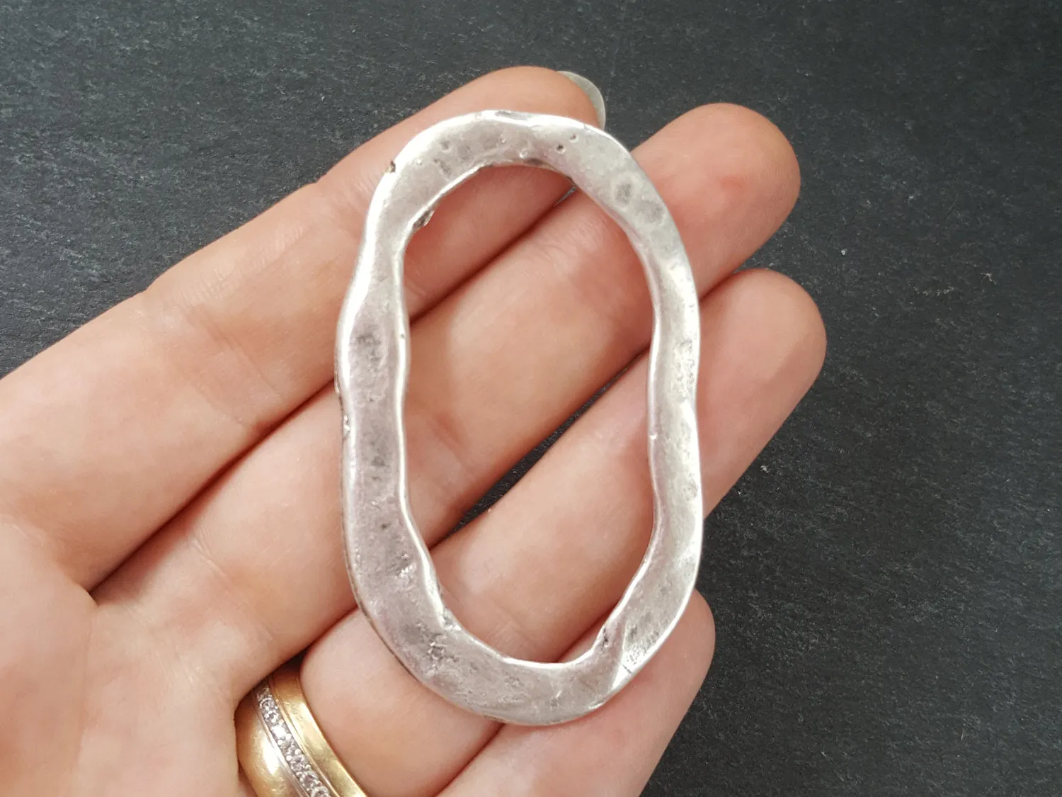 Large Organic Textured Flat Oval Ring Closed Loop Circle Pendant Connector - Antique Matte Siver Plated - 1 PC