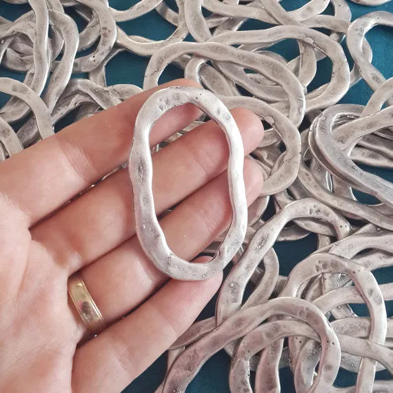 Large Organic Textured Flat Oval Ring Closed Loop Circle Pendant Connector - Antique Matte Siver Plated - 1 PC